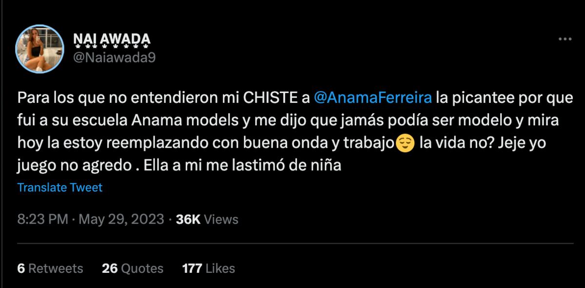 El tuit de Nai Awada respecto a su experiencia en la academia de modelos de Anamá Ferreira. (Foto: Captura de pantalla)