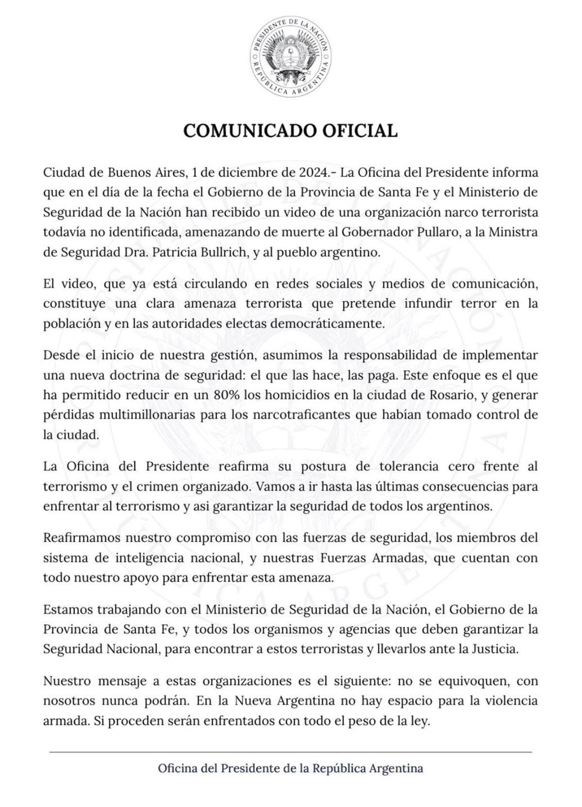 El Gobierno reafirmó el compromiso en la lucha contra el crimen organizado. (Oficina del Presidente)