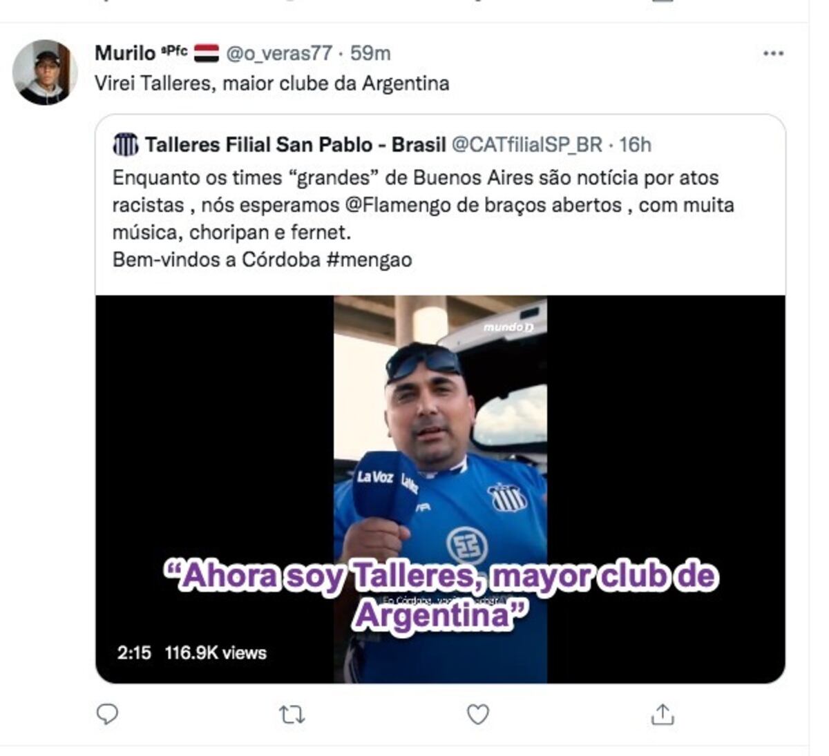 La hinchada de Flamengo elogiando a la de Talleres en redes sociales.