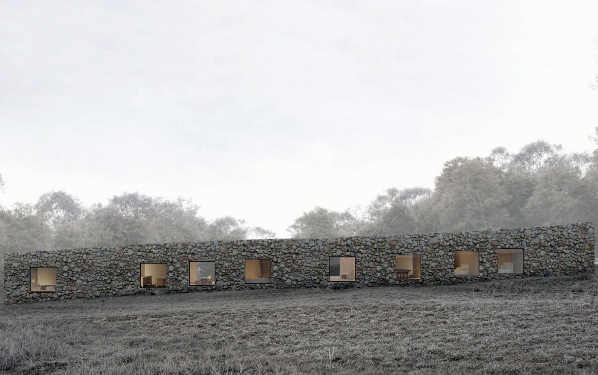 Casa Arroyo Bajo. Render del proyecto de Diego Arraigada Arquitectos que simula a las tradicionales pircas y que copia la suave pendiente del lote. (Gentileza Bonnart)