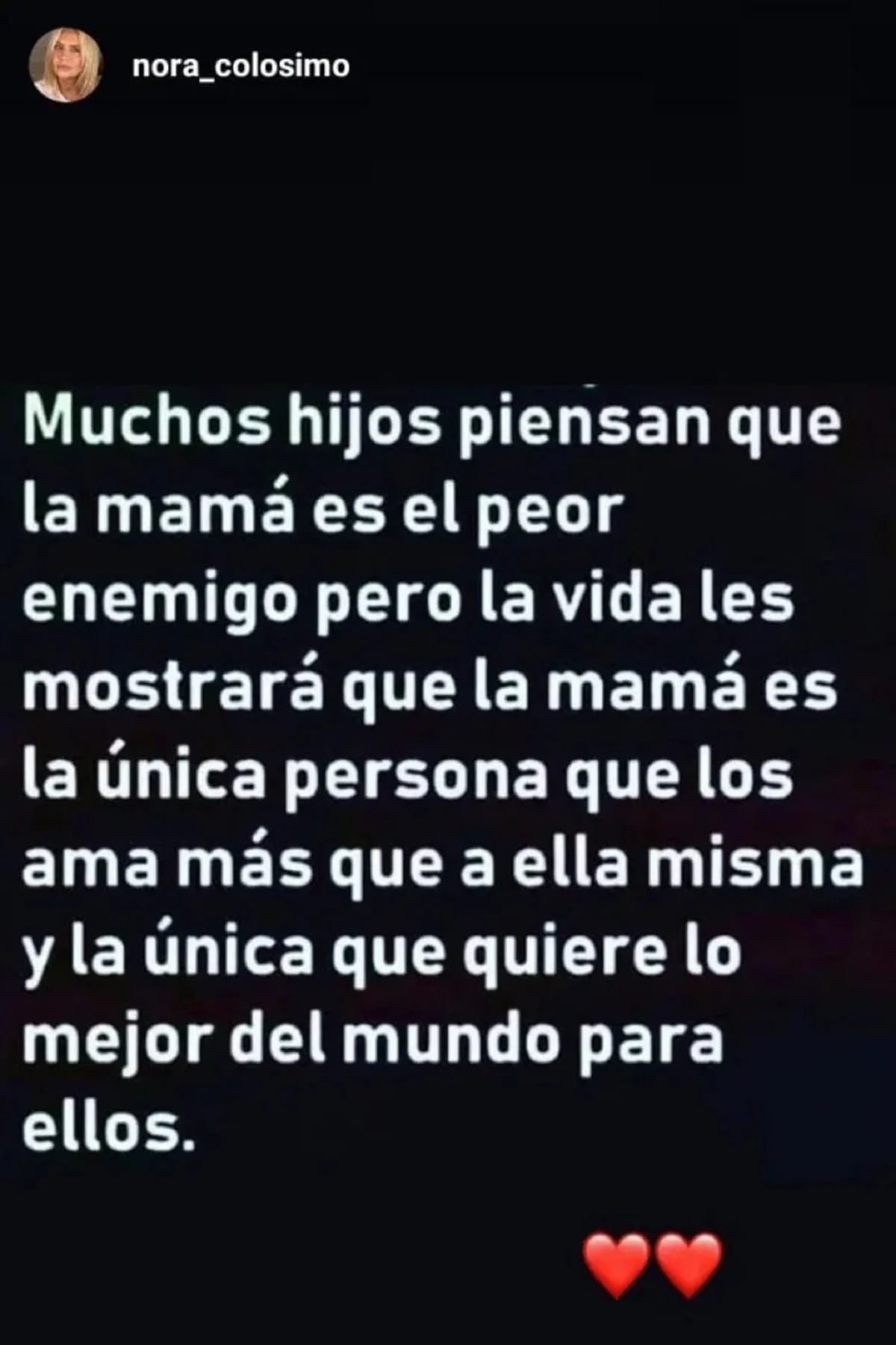 La publicación de Nora Colosimo sobre ser madre.