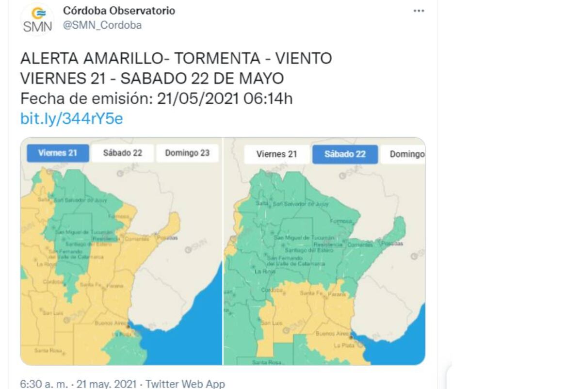Alerta amarilla por tormentas y viento abarca a Córdoba (captura @SMN_Cordoba).