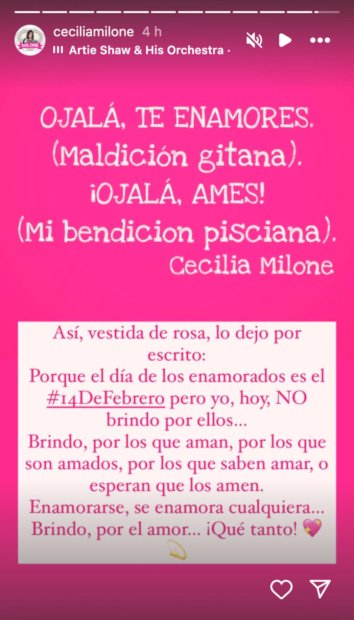 La publicación de Cecilia Milone para San Valentín. (Foto: Captura de pantalla de Instagram)
