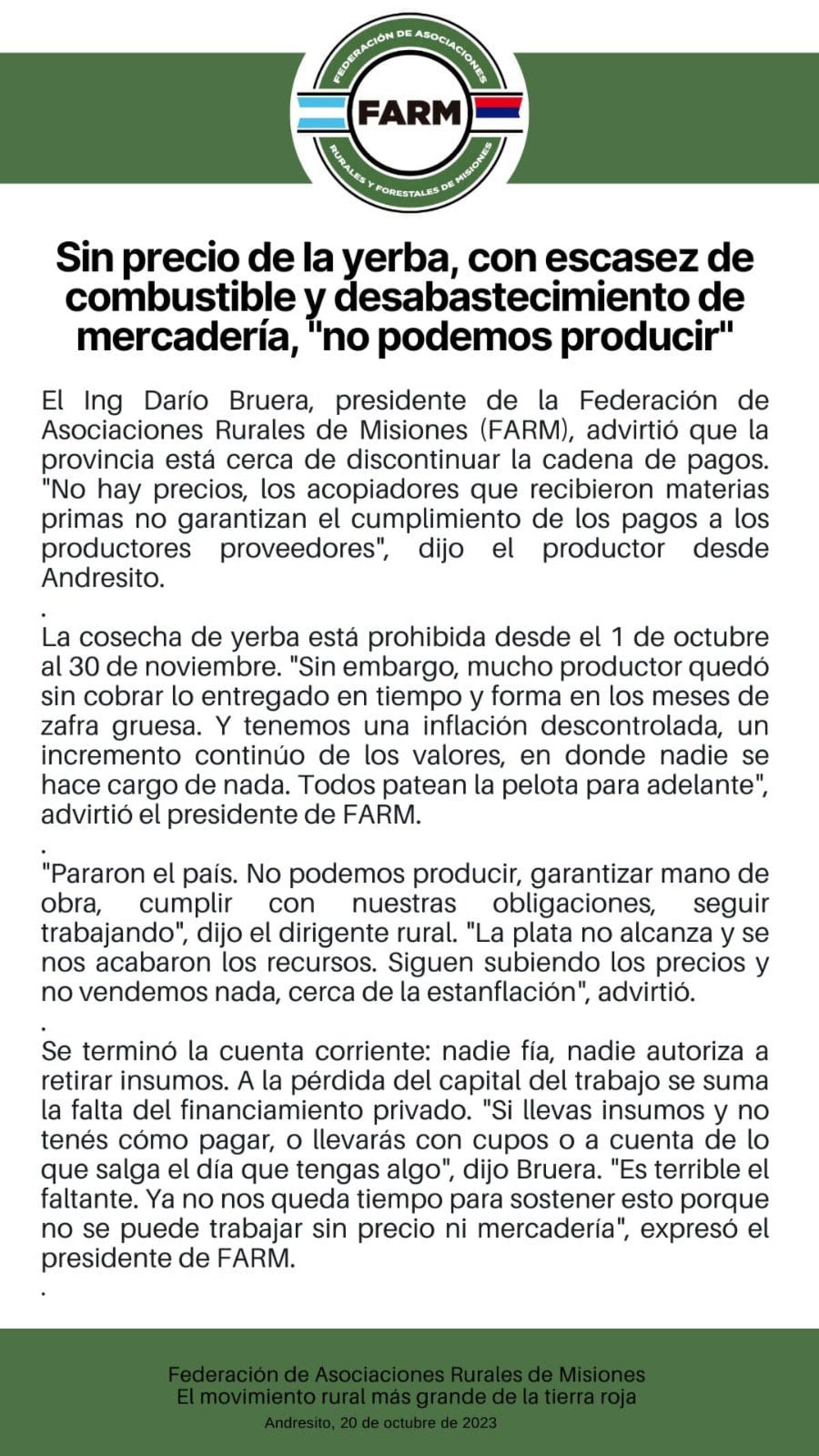 El comunicado de FARM.