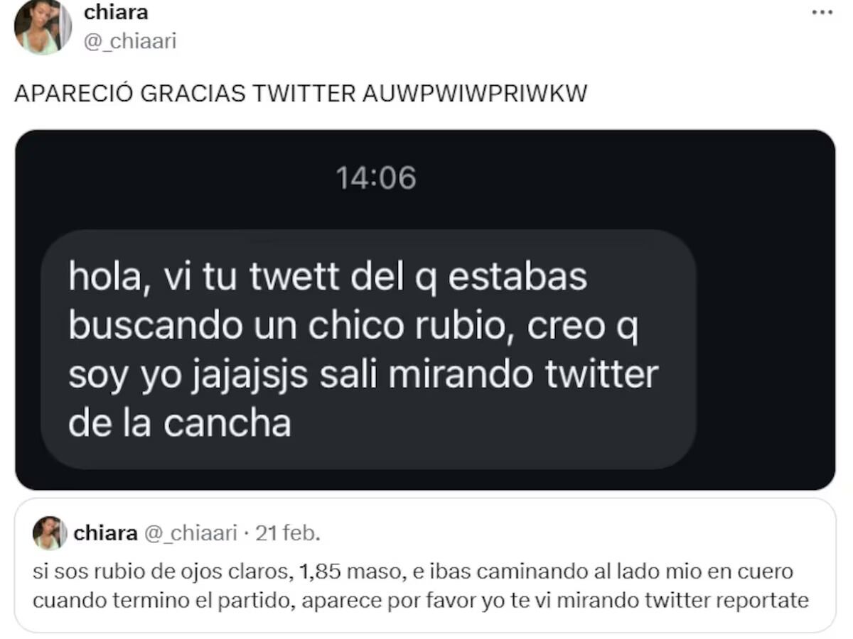 El posteo de la hincha celebrando la aparición del joven. (Gentileza: X)