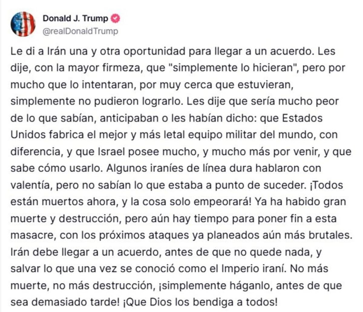 El mensaje completo de Trump anunciando el ataque a Irán