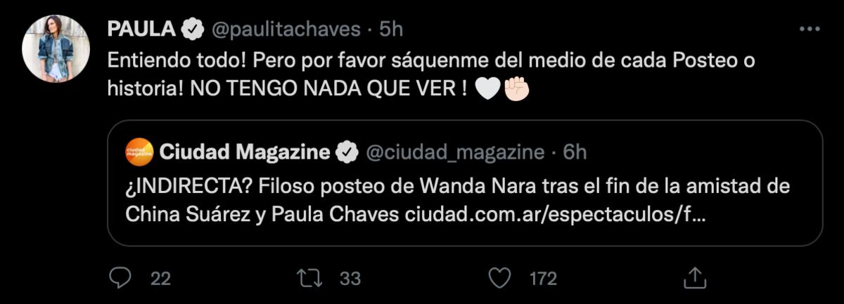 El tuit de Paula Chaves pidiendo que dejen de vincularla con Wanda Nara y la China Suárez