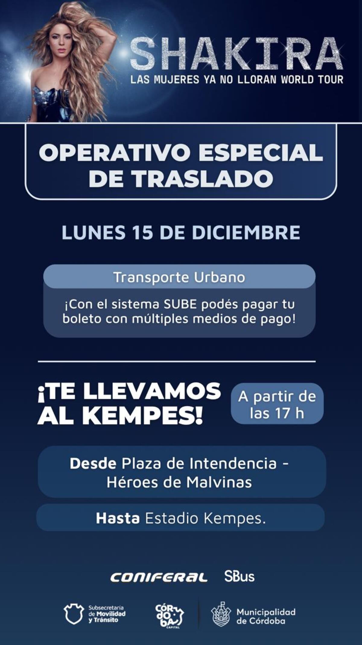 Recital de Shakira: habrá colectivos para llegar al Kempes. (Municipalidad)