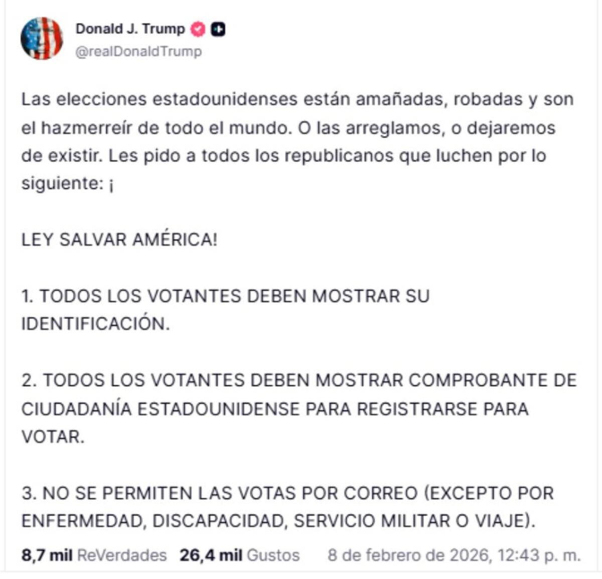 Mensaje de Donald Trump en su red social, Truth Social