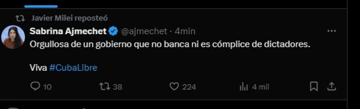 El retuit del presidente Javier Milei, tras conocerse la salida de Diana Mondino del gobierno. (Captura de pantalla)