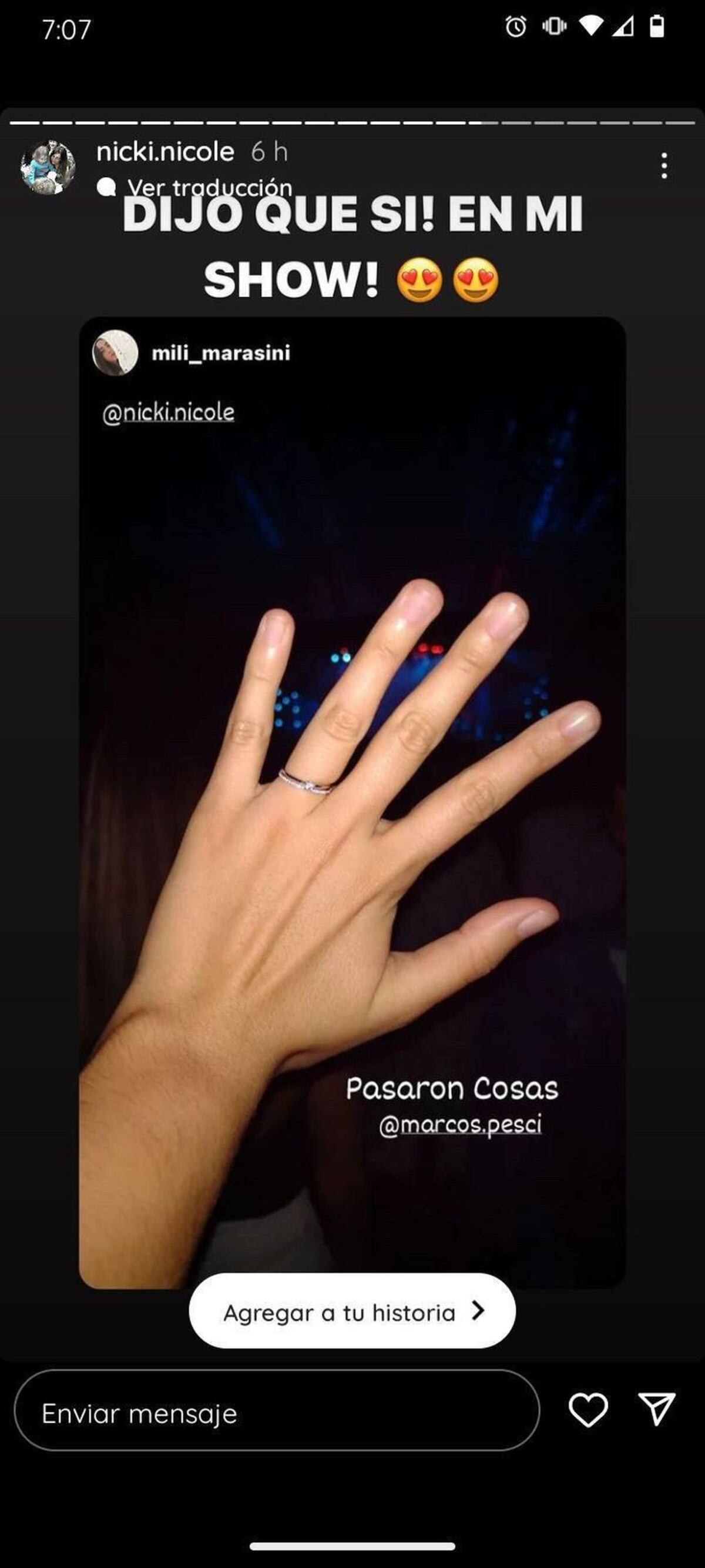 Nicki Nicole reposteó la imagen que subió Milagros a Instagram.