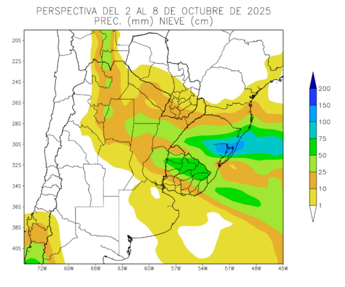 Perspectiva agroclimática: precipitaciones durante el 2 de octubre y el 8 de octubre. (Gentileza Bolsa de Cereales de Buenos Aires)