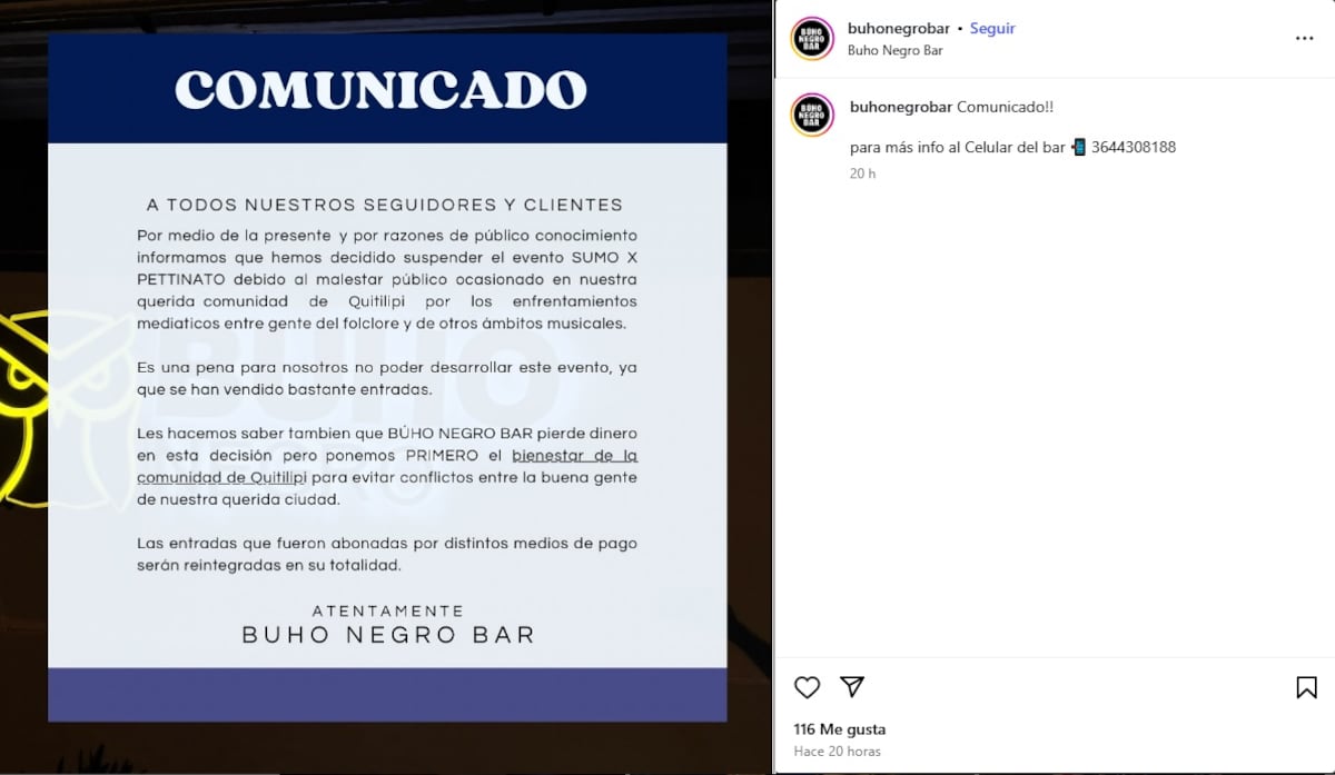 El comunicador del bar que canceló el show de Roberto Pettinato tras sus dichos sobre el folklore argentino (Captura de pantalla)