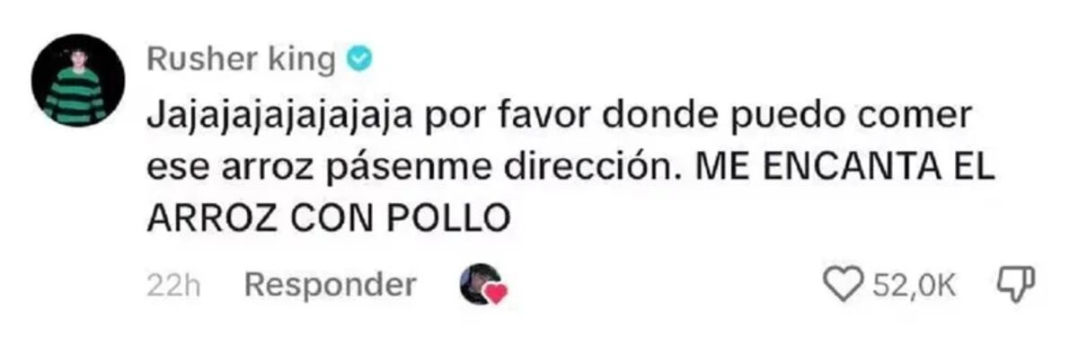 El comentario de Rusherking aceptando la invitación a comer arroz con pollo. (Foto: Captura de pantalla)