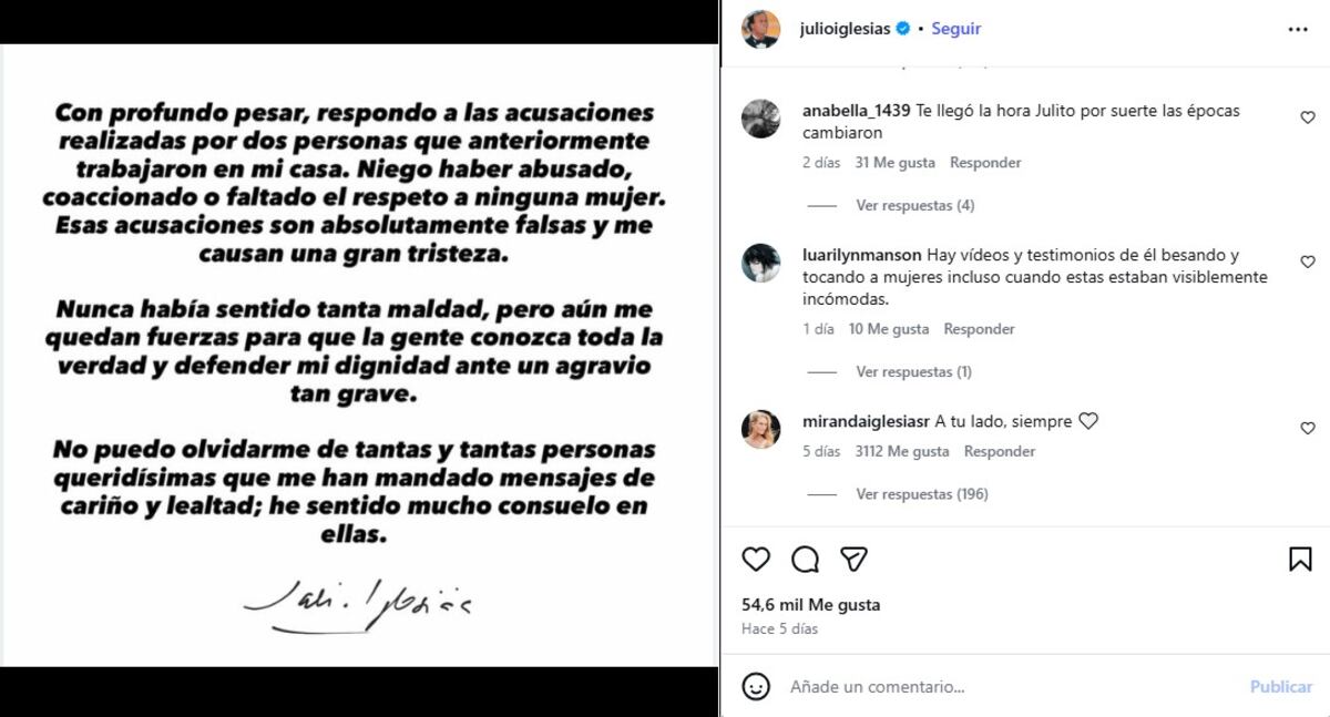 El mensaje de Miranda Rijnsburger en apoyo a Julio Iglesias.