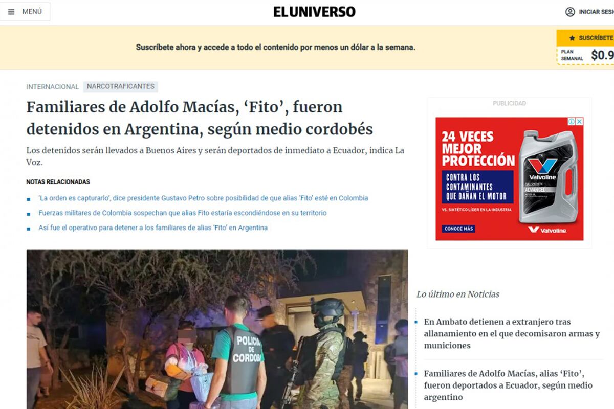 Medios ecuatorianos reflejan la noticia de la detención en Córdoba de familiares de Fito Macías. (Captura de pantalla)