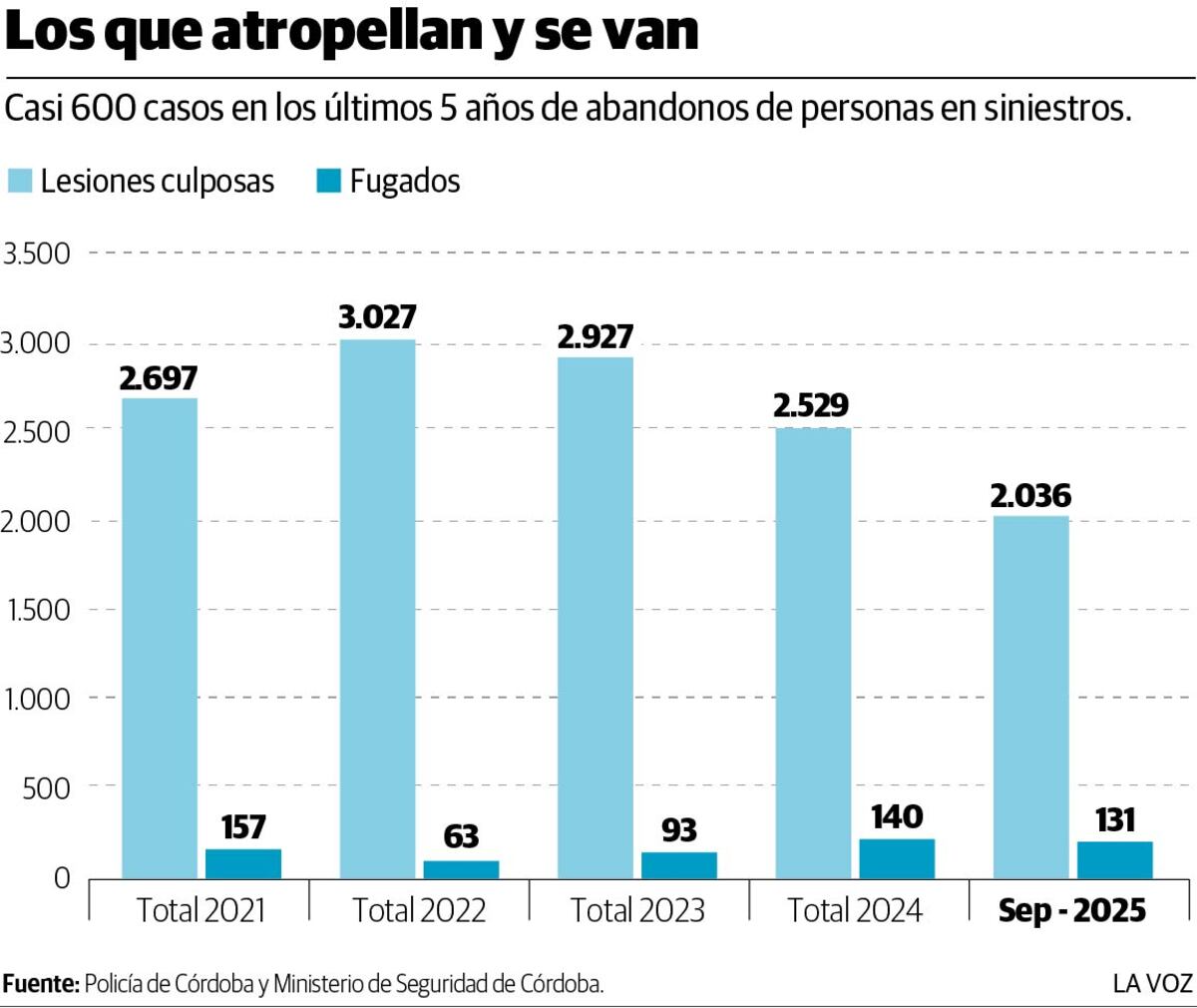 Casi 600 casos en los últimos 5 años de abandonos de personas en siniestros. Fuente: Policía de Córdoba y Ministerio de Seguridad de Córdoba.