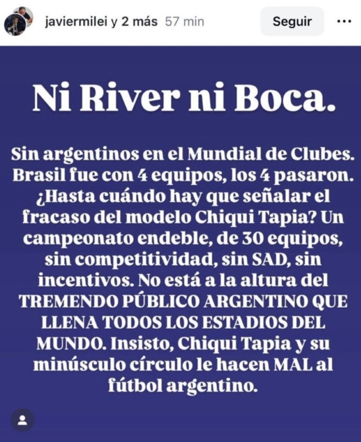 El posteo de Javier Milei contra Tapia (Instagram)