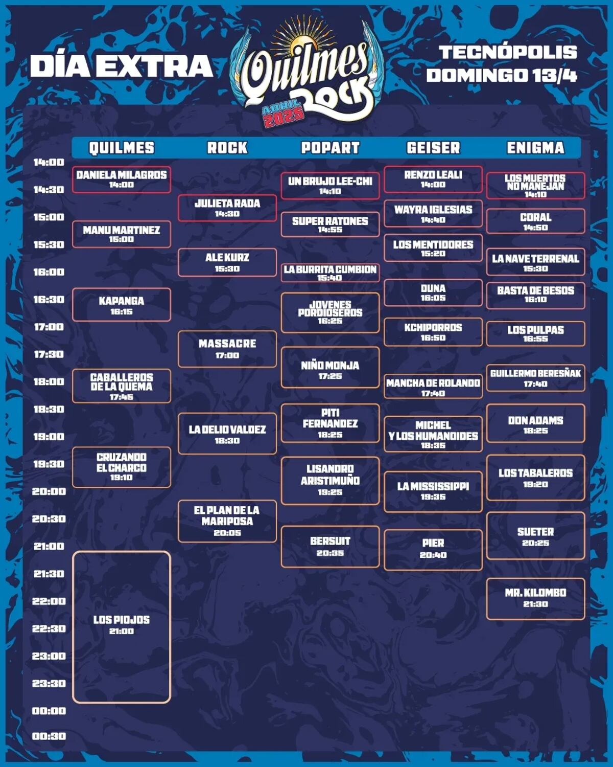 Horarios del Día Extra del Quilmes Rock. (Captura)