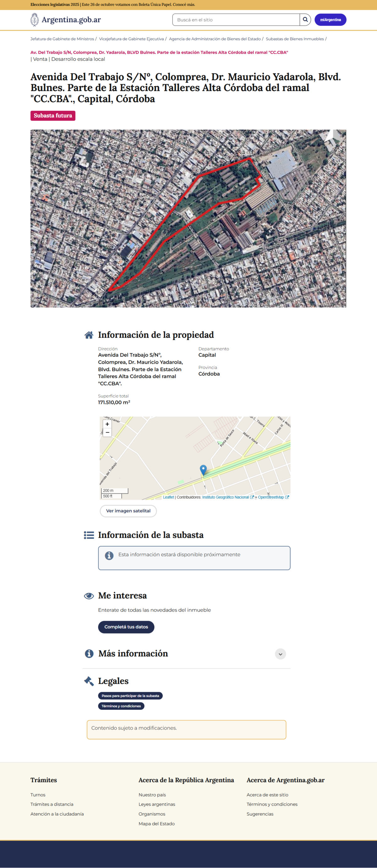 Publicación de la subasta en la página web del Gobierno.