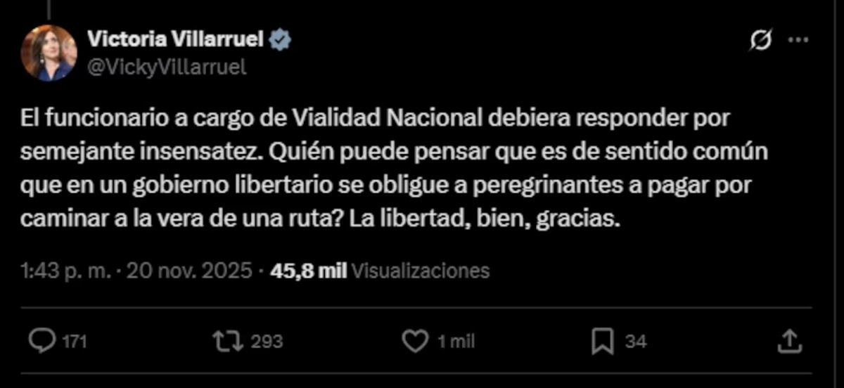 El comunicado de Victoria Villaruel en X sobre el pago por peregrinar en Misiones