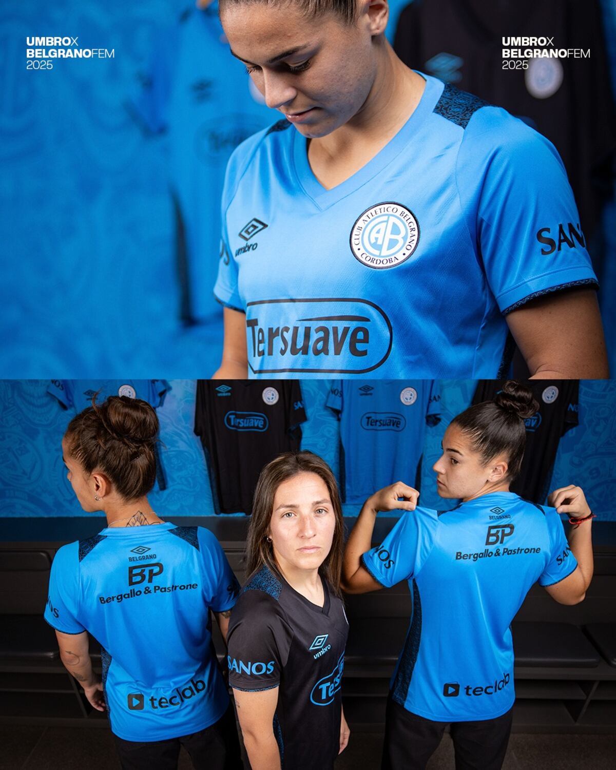 El equipo femenino de Belgrano presentó su nueva camiseta Umbro y confirmó la continuidad del patrocinio de Bergallo y Pastrone hasta 2026. (Prensa Belgrano)