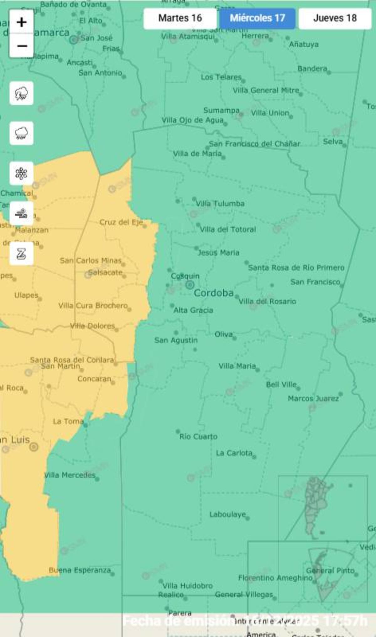 Clima. Alerta amarilla por ráfagas de viento para este miércoles 17 de diciembre. (SMN)