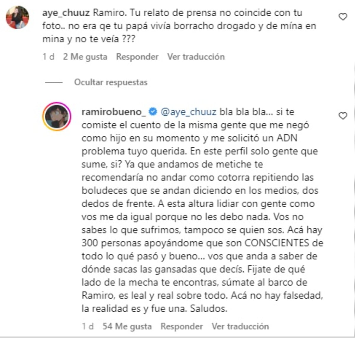 La contundente respuesta de Ramiro Bueno a la seguidora que lo criticó por subir una foto de su padre a Instagram. (Foto: Captura de pantalla)