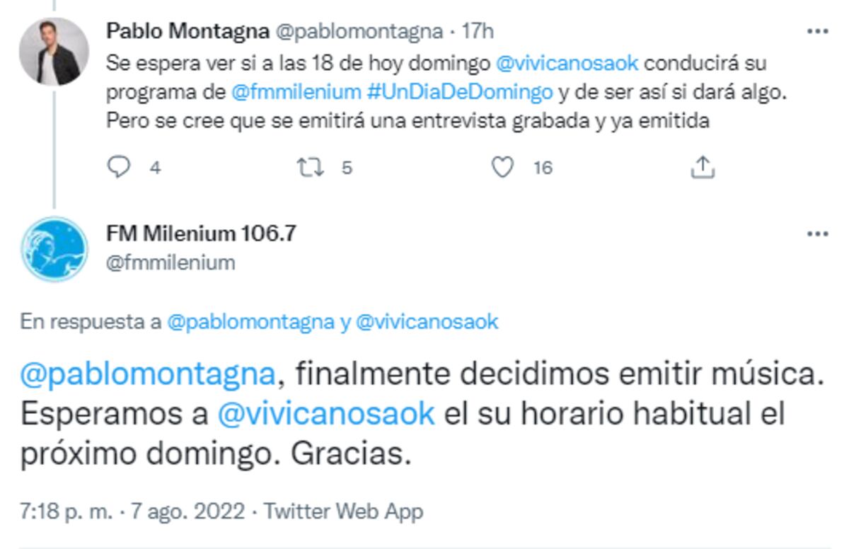 Fm Milenium confirmó que Viviana Canosa se ausentó a su programa de radio (Captura de pantalla)