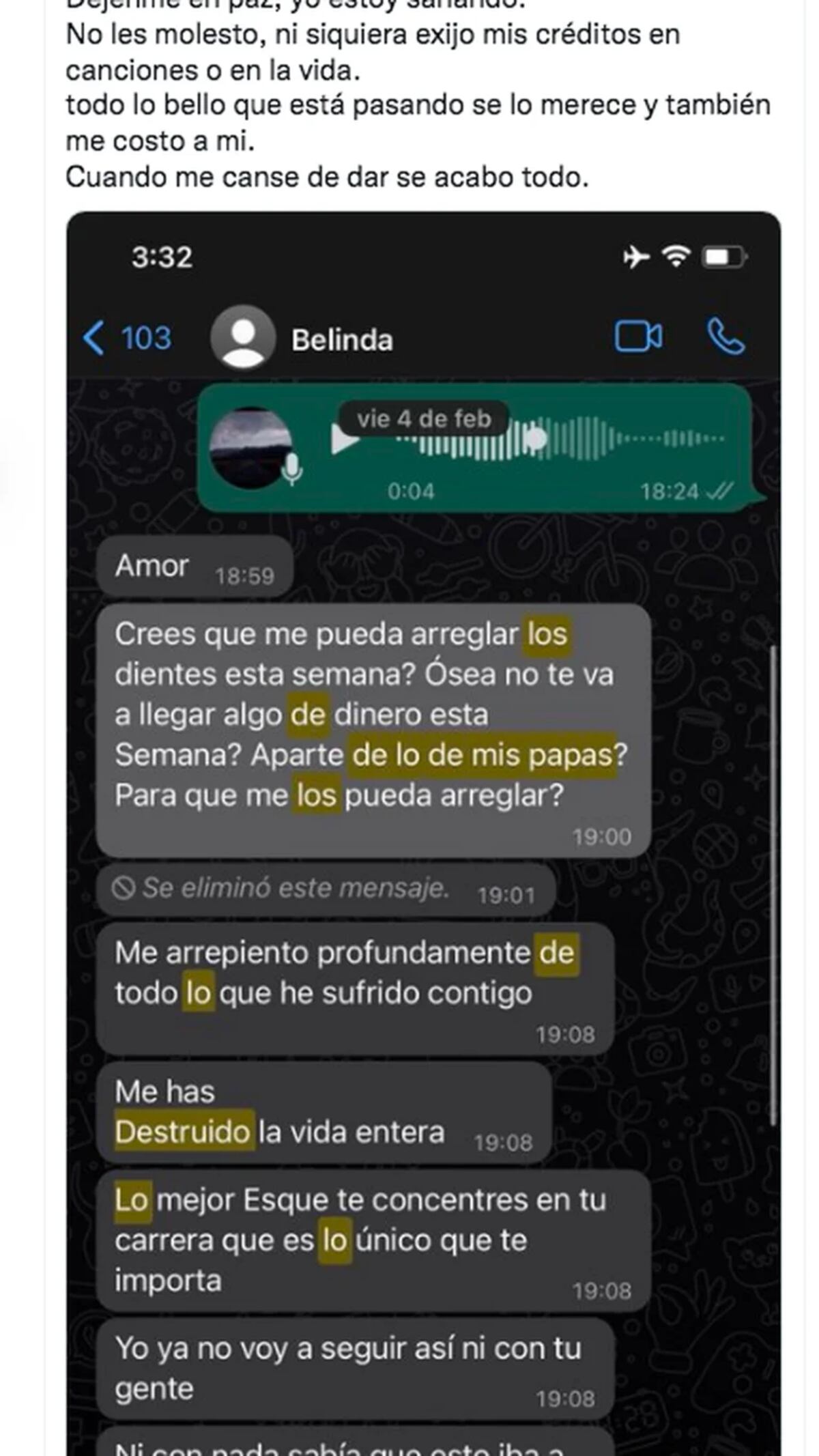 El chat que publicó Christian Nodal sobre una presunta conversación con Belinda. (Captura)