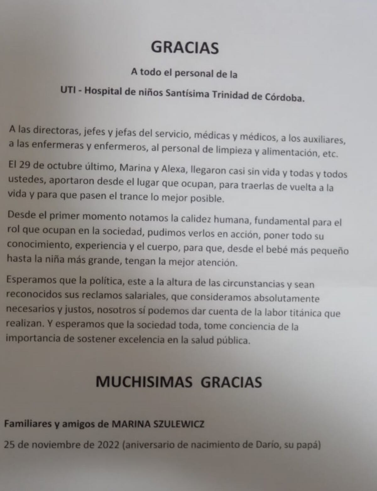 Carta. Que difundieron los familiares de Marina (Gentileza).