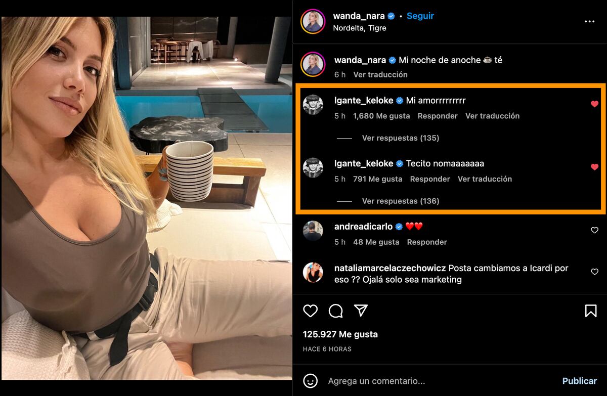 La publicación de Wanda que L-Gante comentó con amor.