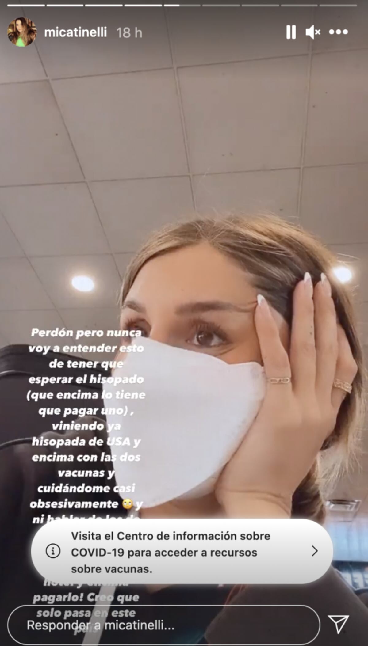Las historias de Mica Tinelli indignada por tener que hisoparse tras volver de Miami