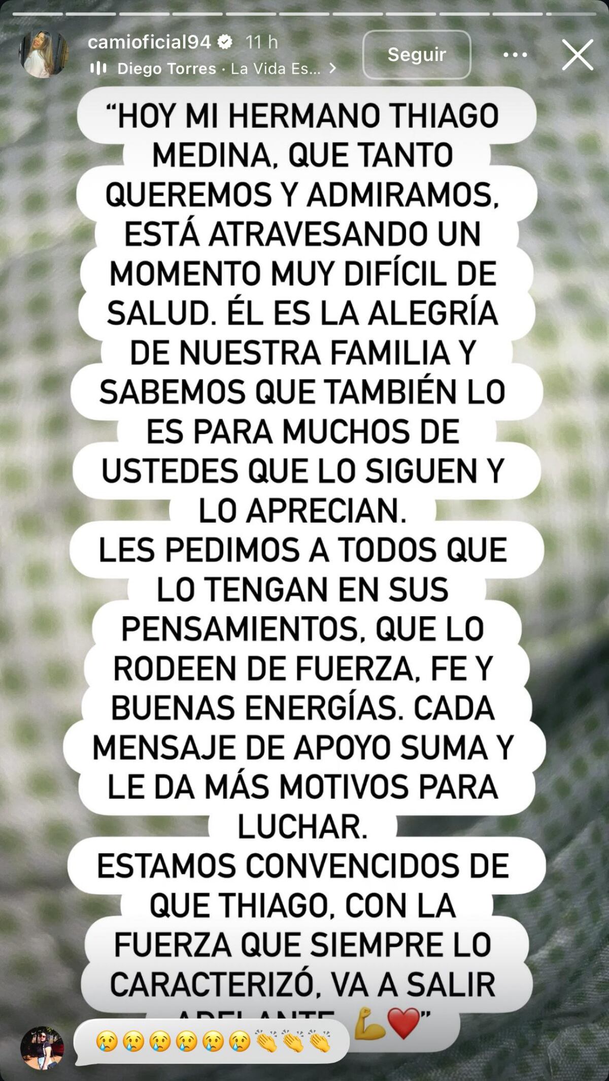 Camilota pidió cadena de oración para su hermano Thiago Medina que sigue internado en estado crítico (Captura de pantalla)