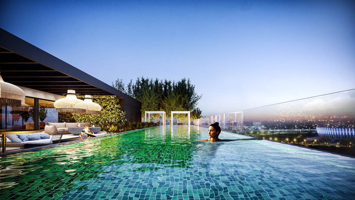 En el rooftop se encuentra una gran piscina climatizada de borde infinito.(Foto: Icon Barrancas Residences)