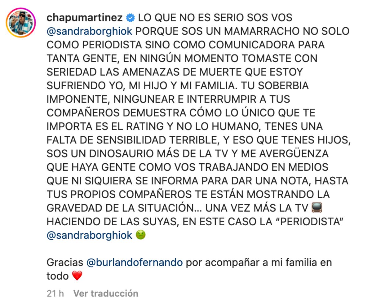 El descargo de Chapu Martínez contra Sandra Borghi en Instagram.