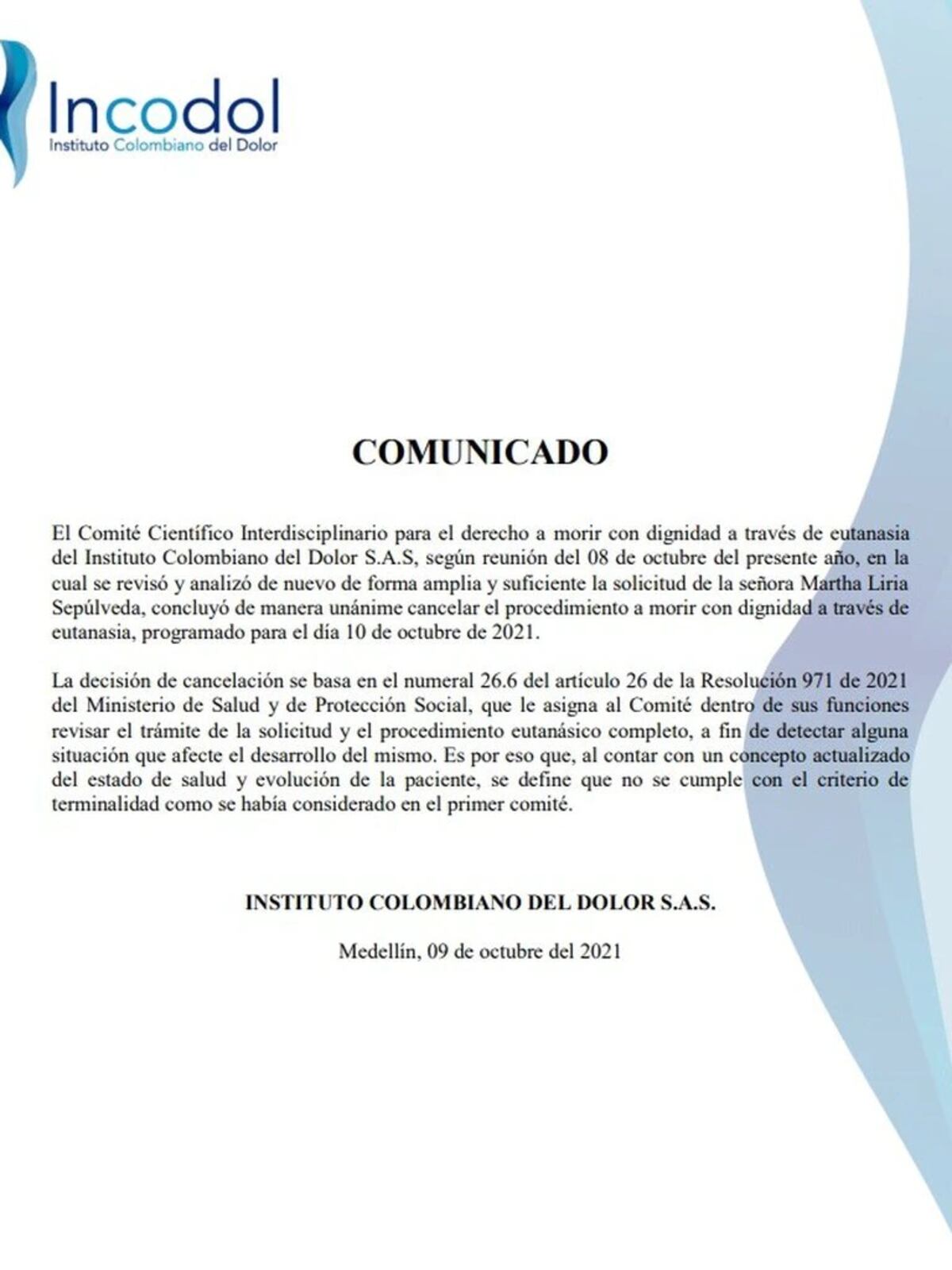 El comunicado de Incodol.