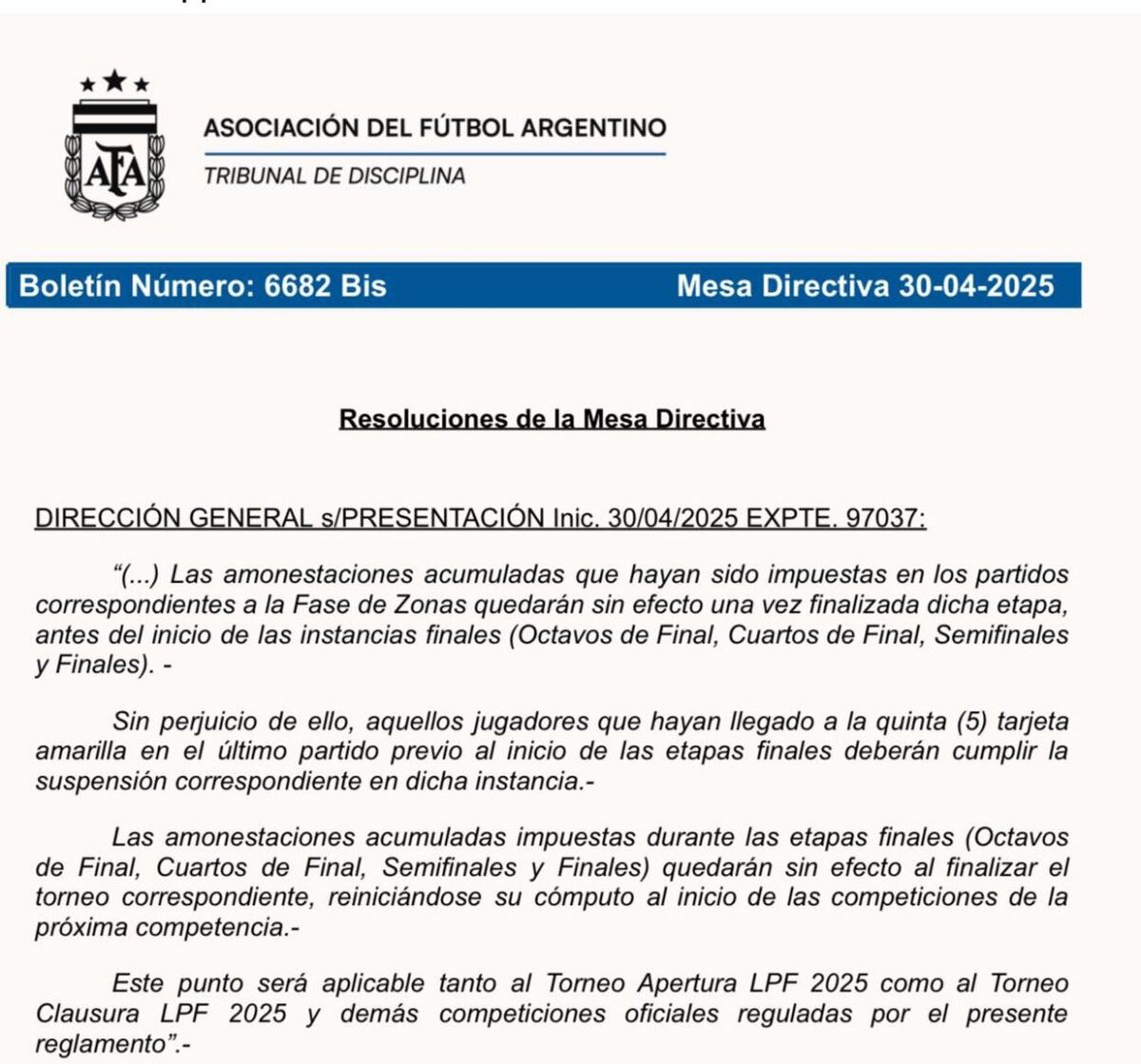 AFA confirmó que para octavos del Apertura se limpian las amarillas, pero en el caso de que algún jugador llegue a la quinta en la fecha 16 deberá cumplir la fecha de suspensión. (AFA)