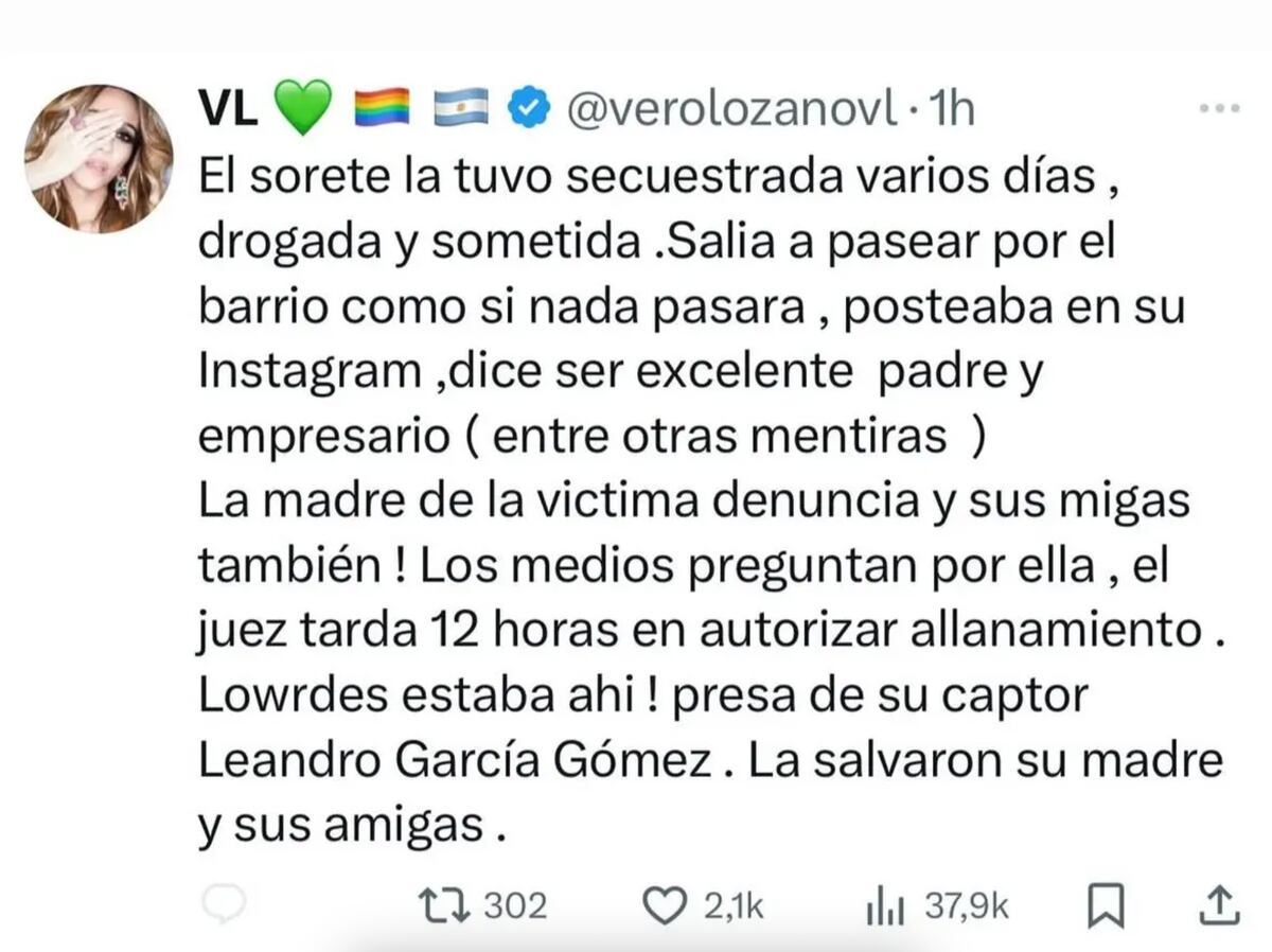 La publicación de Vero Lozano en X sobre el caso de Lourdes Fernández. (Foto: captura de pantalla)
