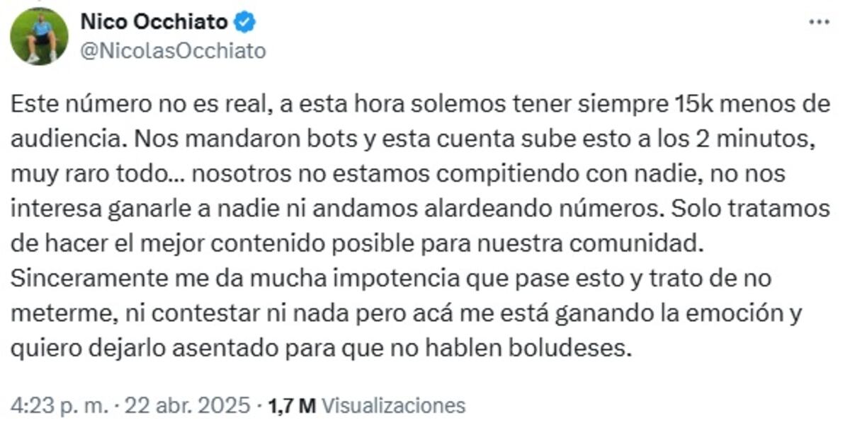 Nico Occhiato y Migue Granados se cruzaron en redes tras los bots que inflaron los números de Luzu (Captura de pantalla)