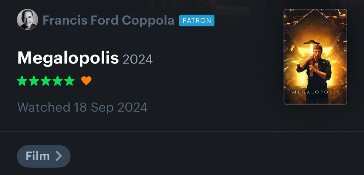 Francis Ford Coppola reseña 5 estrellas su propia película en letterboxd