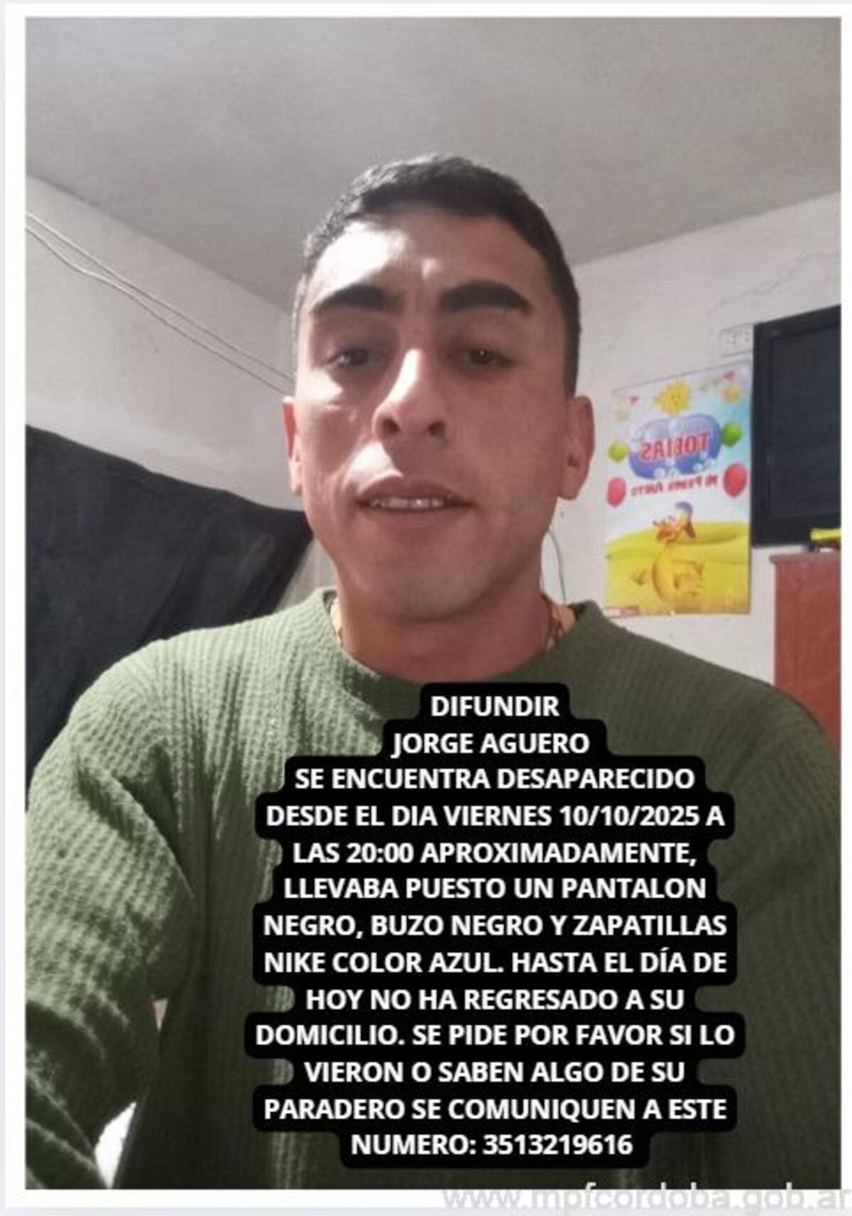 Ciudad de Córdoba. Piden ayuda para encontrar a Jorge Luis Agüuero, de 30 años. (MPF)