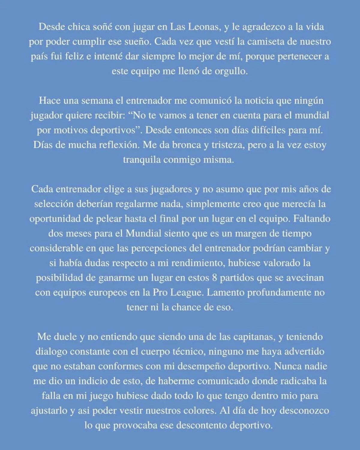 El comunicado de Delfina Merino en el que relata sus sensaciones y versión de la desafectación que sufrió de Las Leonas.