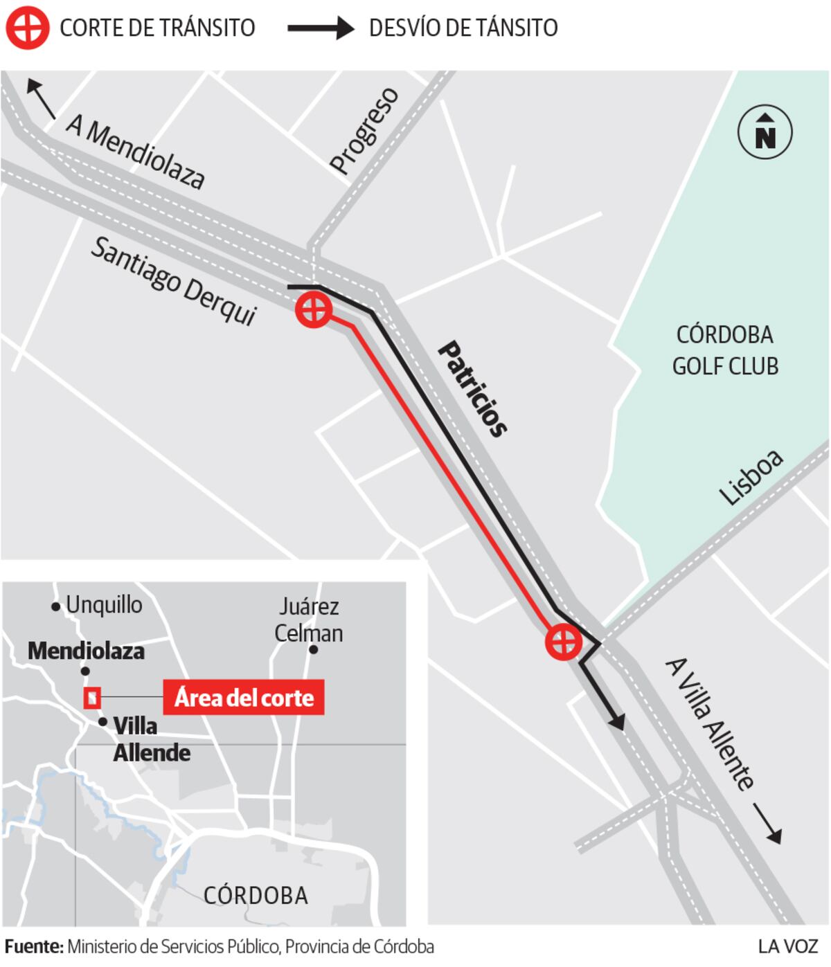 Mapa de cortes por cloacas del Ministerio de Servicios Públicos de la Provincia de Córdoba.