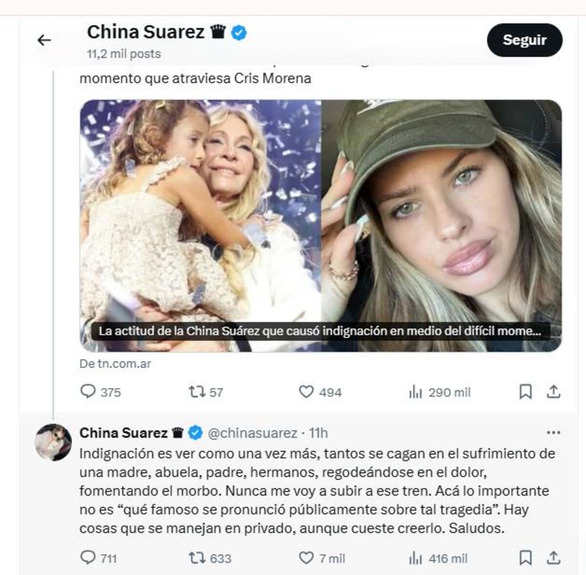 Capturas de redes con publicaciones de China Suárez. (Captura)
