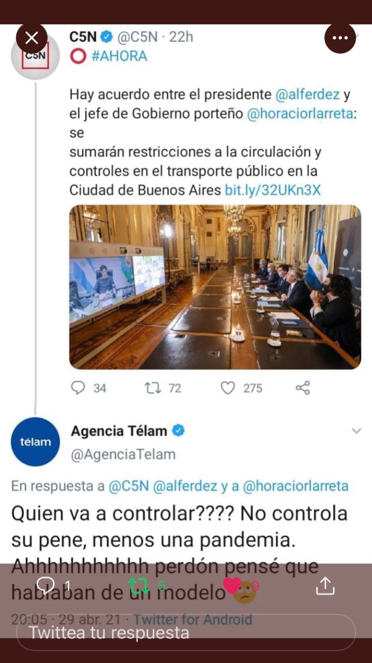 El tuit desde la cuenta de Télam.