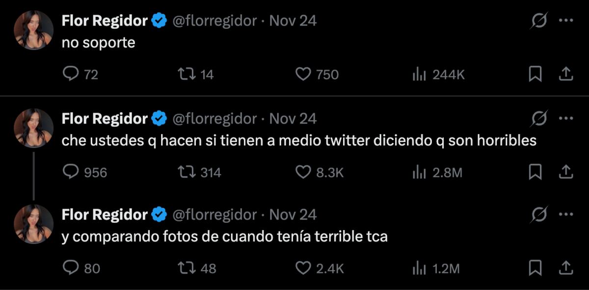 Algunos de los comentarios de Flor Regidor en X después de que la criticaran por haberse realizado una cirugía estética. (Foto: Captura de pantalla)