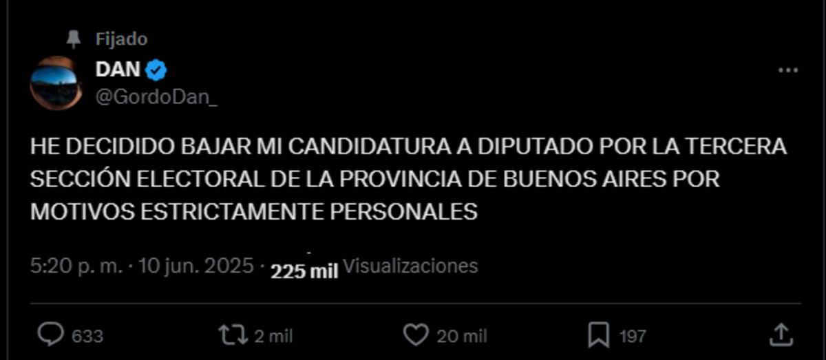 El tuit del Gordo Dan sobre Cristina Kirchner.