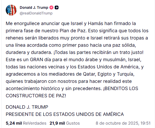 El anuncio de Trump en su cuenta de Truth Social. (Captura)