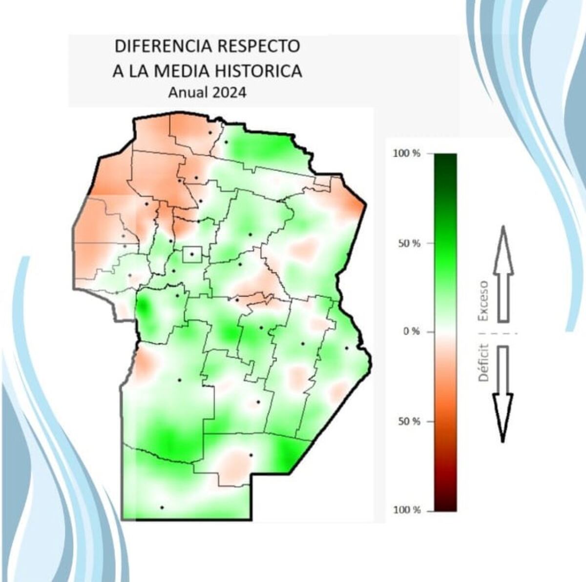 El mapa que muestra las diferencias entre las lluvias de 2024 y la media histórica, según la Aprhi